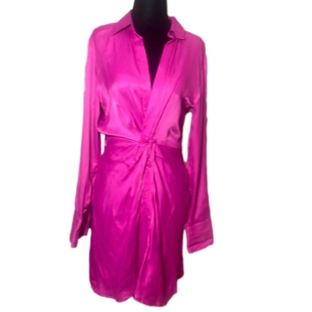 ZARA HOT PINK SATIN NWT KNOT FRONT MINI DRESS SIZE M